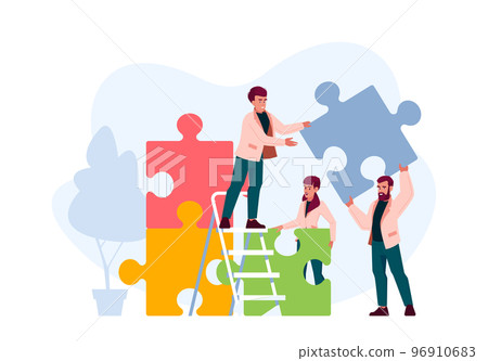 Businesspeople Teamwork, Office People Group Stand on Ladder Together Set Up Huge Colorful Separated Puzzle Pieces Businesspeople Teamwork, Office People Group Stand on Ladder Together Set Up Huge Colorful Separated Puzzle Pieces 96910683