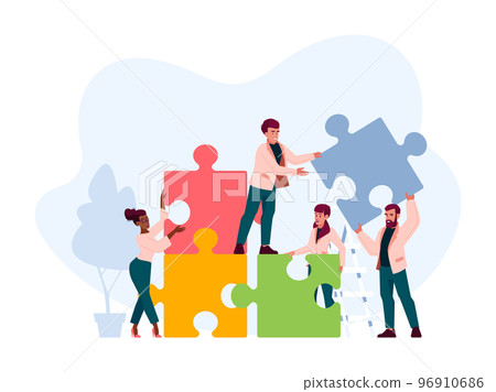 Office Employees Cooperation, Joint Work, Partnership. People Group Stand on Ladder Together Set Up Huge Puzzle Pieces 96910686