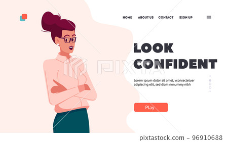 Look Confident Landing Page Template. Businesswoman Stand with Crossed Arms. Successful Happy Female Character 96910688