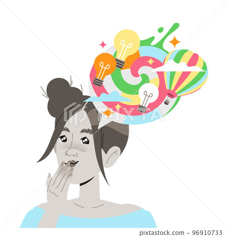 Woman Character with Creative Type of Thinking with Lightbulb and Air Balloon as Mindset Model in Her Head Vector Illustration 96910733