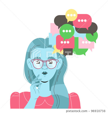 Woman Character in Glasses with Type of Thinking with Chat Bubbles as Mindset Model in Her Head Vector Illustration 96910738
