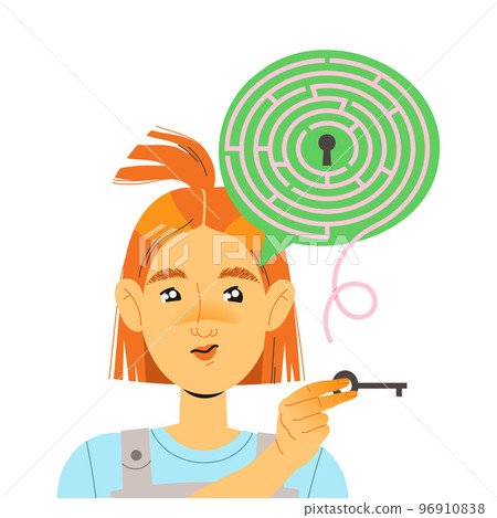 Redhead Woman Character with Convergent Type of Thinking with Key and Labyrinth as Mindset Model in Her Head Vector Illustration 96910838