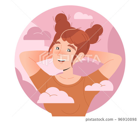Happy Woman Character with Her Head in Clouds Having Fancy Imagination Vector Illustration Happy Woman Character with Her Head in Clouds Having Fancy Imagination Vector Illustration 96910898