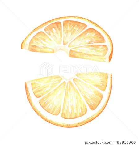 Two semicircular lemon slices. Watercolor illustration. Isolated on a white background. For your design stickers, nature prints, product packaging with citrus acid or scent Two semicircular lemon slices. Watercolor illustration. Isolated on a white background. For your design stickers, nature prints, product packaging with citrus acid or scent 96910900