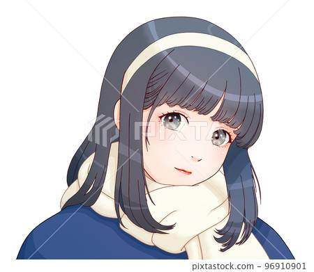 戴頭帶圍巾的女孩衣服=藏青色，圍巾=乳白色，頭髮=藏青色左右翻轉版 96910901