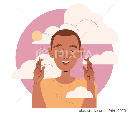 Happy Man Character with Crossed Fingers and His Head in Clouds Having Fancy Imagination Vector Illustration 96910953
