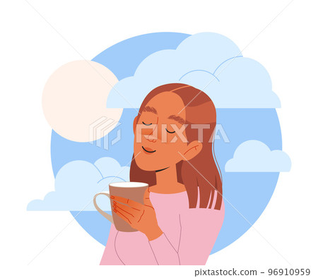 Happy Woman Character with Mug and Her Head in Clouds Having Fancy Imagination Vector Illustration 96910959