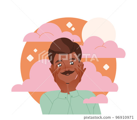 Happy Moustached Man Character with His Head in Clouds Having Fancy Imagination Vector Illustration Happy Moustached Man Character with His Head in Clouds Having Fancy Imagination Vector Illustration 96910971