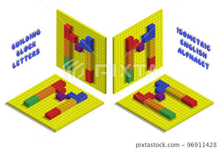 Isometric toy bricks of letter M. Letter from blocks for children poster and games. ABC typography. Realistic 3D vector isolated on white background Isometric toy bricks of letter M. Letter from blocks for children poster and games. ABC typography. Realistic 3D vector isolated on white background 96911428