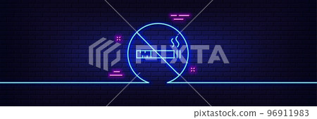 Neon light glow effect. No smoking line icon. Stop smoke sign. Hotel service symbol. 3d line neon glow icon. Brick wall banner. No smoking outline. Vector 96911983