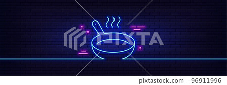 Neon light glow effect. Frying pan line icon. Cooking sign. Food preparation symbol. 3d line neon glow icon. Brick wall banner. Frying pan outline. Vector 96911996