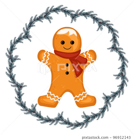 Gingerbread man, decoration for new year, Christmas and holidays in fir tree frame. Character for winter card and design. Vector flat illustration 96912143