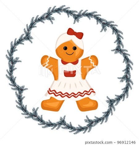 Gingerbread man, decoration for new year, Christmas and holidays in fir tree frame. Character for winter card and design. Vector flat illustration 96912146