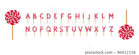 Alphabet from striped red and white lollipops. Festive font or decoration for holiday or party. Vector flat illustration Alphabet from striped red and white lollipops. Festive font or decoration for holiday or party. Vector flat illustration 96912156