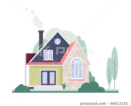 Suburban house icon. Family bright multicoloured building. Useful for web design and advertising, Vector flat illustration for children books Suburban house icon. Family bright multicoloured building. Useful for web design and advertising, Vector flat illustration for children books 96912185