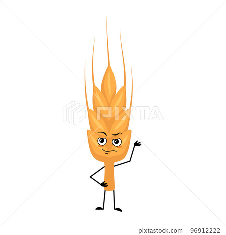 Cute ear of wheat character with emotions of hero, brave face, arms and leg. Healthy cereal with courage expression and posture, vitamin rich food. Vector flat illustration Cute ear of wheat character with emotions of hero, brave face, arms and leg. Healthy cereal with courage expression and posture, vitamin rich food. Vector flat illustration 96912222