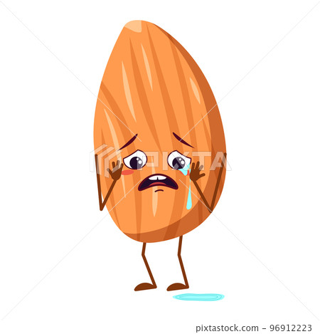 Cute almond character with crying and tears emotions, face, arms and legs. The funny or sad hero, nut. Vector flat illustration Cute almond character with crying and tears emotions, face, arms and legs. The funny or sad hero, nut. Vector flat illustration 96912223