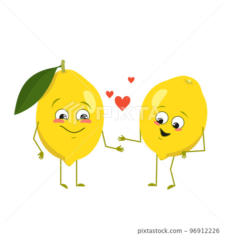 Cute lemon characters with love emotions, face, arms and legs. spring or summer decoration. The funny or happy food citrus heroes fall in love. Vector flat illustration Cute lemon characters with love emotions, face, arms and legs. spring or summer decoration. The funny or happy food citrus heroes fall in love. Vector flat illustration 96912226