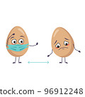 Cute egg characters with emotions, face and mask keep distance, arms and legs. Happy Easter decoration. The funny or sad food hero. Vector flat illustration 96912248