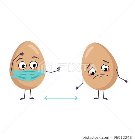 Cute egg characters with emotions, face and mask keep distance, arms and legs. Happy Easter decoration. The funny or sad food hero. Vector flat illustration 96912248