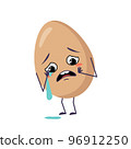 Cute egg characters with crying and tears emotions, face, arms and legs. Happy Easter decoration. The funny or sad food hero. Vector flat illustration 96912250