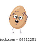 Cute egg characters with emotions in a panic grabs his head, face, arms and legs. Happy Easter decoration. The funny or sad food hero. Vector flat illustration 96912251