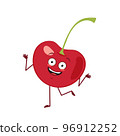 Cute cherry character cheerful with emotions dancing, arms and legs. The funny, happy or smile hero, red sweet berry. Vector flat person 96912252