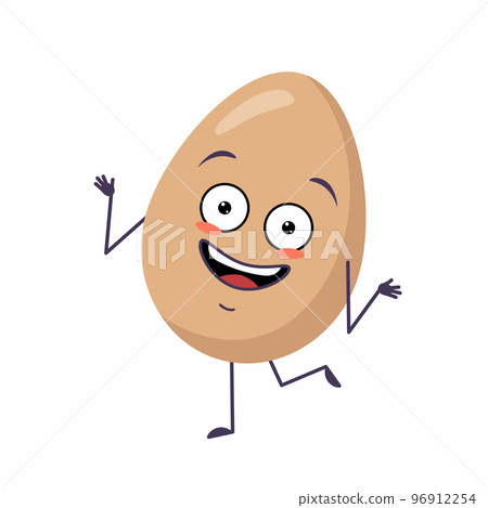 Cute egg character cheerful with emotions dancing, face, arms and legs. Happy Easter decoration. The funny or smile food hero. Vector flat illustration Cute egg character cheerful with emotions dancing, face, arms and legs. Happy Easter decoration. The funny or smile food hero. Vector flat illustration 96912254