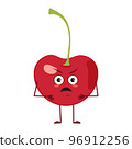 Cute cherry character with angry emotions, face, arms and legs. The funny or grumpy food hero, berry. Vector flat illustration 96912256