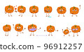Set of cute pumpkin characters with emotions, faces, arms and legs. Cheerful or sad heroes, orange autumn vegetables play, fall in love, keep their distance. Vector flat Halloween decorations. 96912257