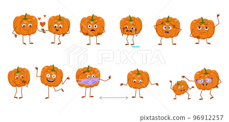 Set of cute pumpkin characters with emotions, faces, arms and legs. Cheerful or sad heroes, orange autumn vegetables play, fall in love, keep their distance. Vector flat Halloween decorations. 96912257