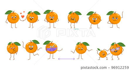 Set of cute oranges characters with different emotions isolated on white background. The funny or sad heroes, fruits have play, fall in love, keep their distance. Vector flat illustration 96912259