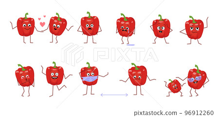 Set of cute bell peppers characters with different emotions isolated on white background. The funny or sad heroes, red vegetables have play, fall in love, keep their distance. Vector flat illustration 96912260