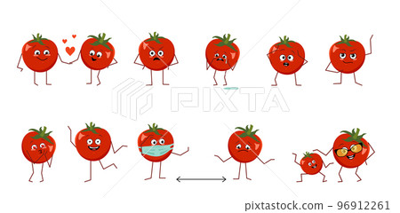 Set of cute tomatoes characters with different emotions isolated on white background. The funny or sad heroes, red vegetables have play, fall in love, keep their distance. Vector flat illustration 96912261