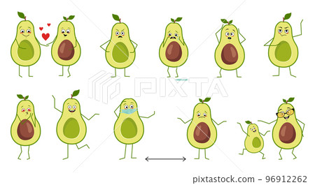 Set of cute avocado characters with emotions isolated on white background. The funny or sad heroes, green fruit and vegetable have play, fall in love, keep their distance. Vector flat illustration 96912262