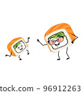 Sushi grandmother with glasses and grandson dancing character with happy emotion, joyful face, smile eyes, arms and legs. Vector flat illustration 96912263
