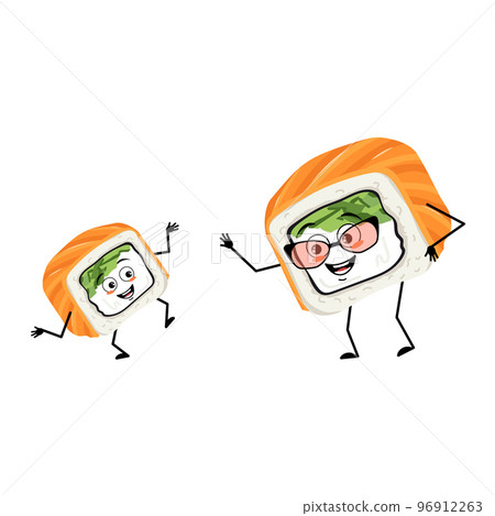 Sushi grandmother with glasses and grandson dancing character with happy emotion, joyful face, smile eyes, arms and legs. Vector flat illustration 96912263