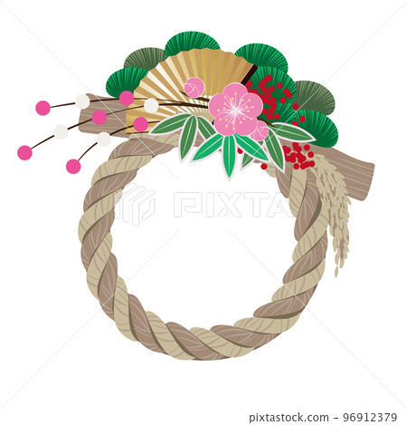 新年的Shimenawa裝飾插圖素材松竹梅花，扇子和麻糬花 96912379