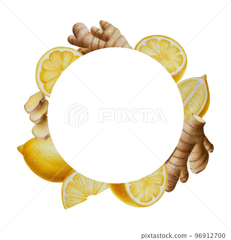 Watercolor frame with ginger and lemon. Includes ginger root and leafs, ginger and lemon slices, cut lemon.Hand drawn immunity strengthening vitamins Watercolor frame with ginger and lemon. Includes ginger root and leafs, ginger and lemon slices, cut lemon.Hand drawn immunity strengthening vitamins 96912700