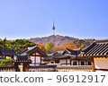 Autumn scenery of Namsangol Hanok Village with Namsan Tower 96912917