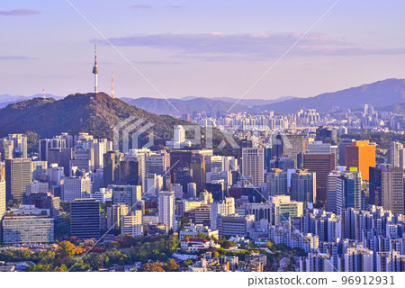 Bird's-eye view of Seoul with Namsan Tower visible Bird's-eye view of Seoul with Namsan Tower visible 96912931