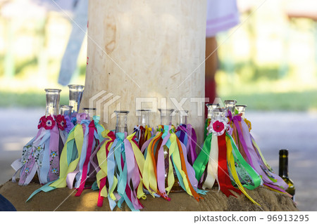 Detail of folk decoration on wine bottles, Rakvice, Southern Moravia, Czech Republic 96913295