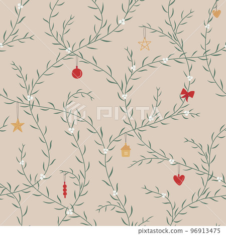 Seamless Christmas, New Year pattern with mistletoe branches, berries and toys. Vector illustration for wrapping, wallpaper, fabric. 96913475