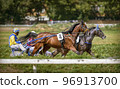 Jockeys and horses. Racing horses competing with each other. Race in harness with a sulky or racing bike. Harness racing. Trotting horse race. Sport banner 96913700
