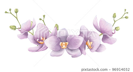 Watercolor wreath with pink Orchid Flowers. Hand drawn floral illustration with exotic tropical plants for wedding invitations or greeting cards. Botanical drawing on isolated background. 96914032