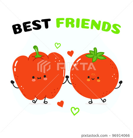 Red pepper and tomato card. Vector hand drawn doodle style cartoon character illustration icon design. Happy red pepper and tomato friends concept card 96914066