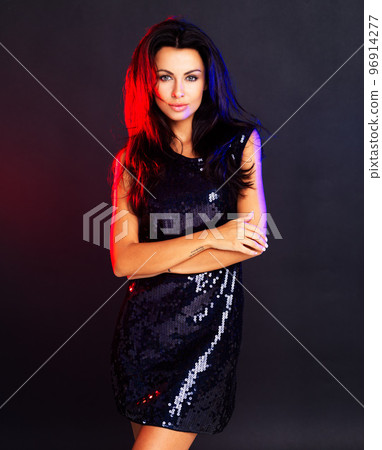 Portrait, beauty and woman dress for party, power or confident on black studio background. New year, young female and evening gown with attitude, elegant and proud lady ready for night out or glamour 96914277
