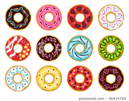 Donuts. Top view sweets desserts collection into glaze for menu design, cafe decoration, delivery box. Candy food with different sprinkles. Traditional breakfast 96914789
