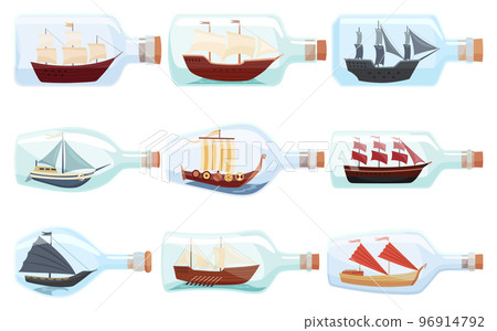 Ships in bottles. Set of glass with object inside. Miniature models of marine vessels. Hobby craft work and sea theme. Decorative marine souvenirs, sailing crafts 96914792