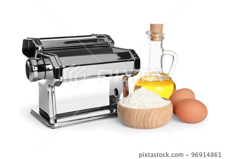 Modern pasta maker machine and products isolated on white Modern pasta maker machine and products isolated on white 96914861
